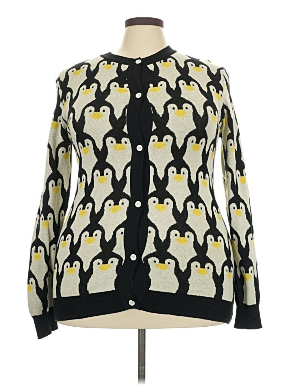 Oxknit Cream Black Penguin Intarsia Knit Cardigan 4X Plus NWOT Novelty